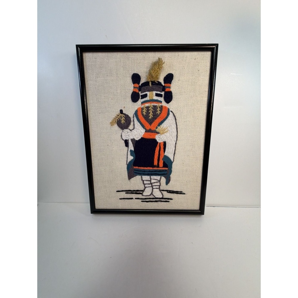 Framed Crewel Embroidery Native American Kachina Wall Art